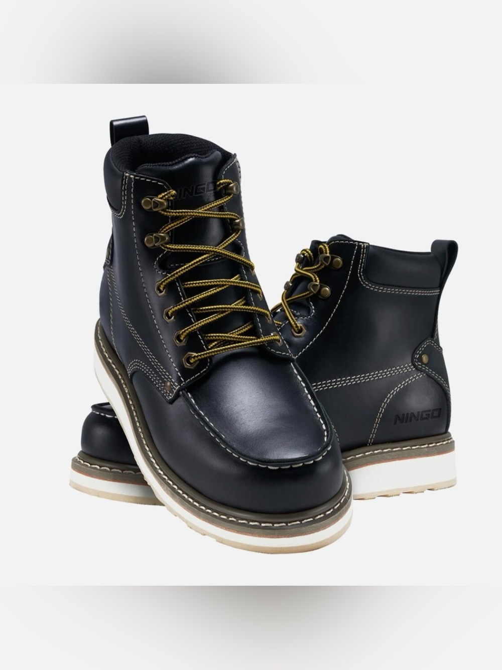 NINGO Men’s Moc Toe Safety Boots Black Leather ASTM Slip Heat Electrical NWT